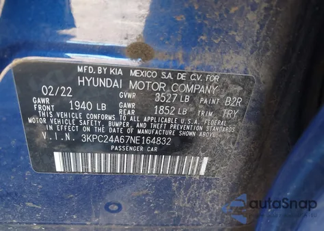 2022 Hyundai Accent Se z USA, uszkodzony, nr VIN 3KPC24A67NE164832